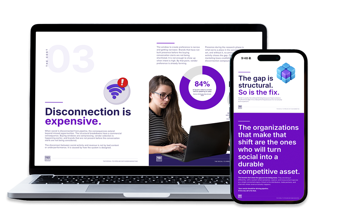 The Social-to-Pipeline Gap white paper on laptop and phone